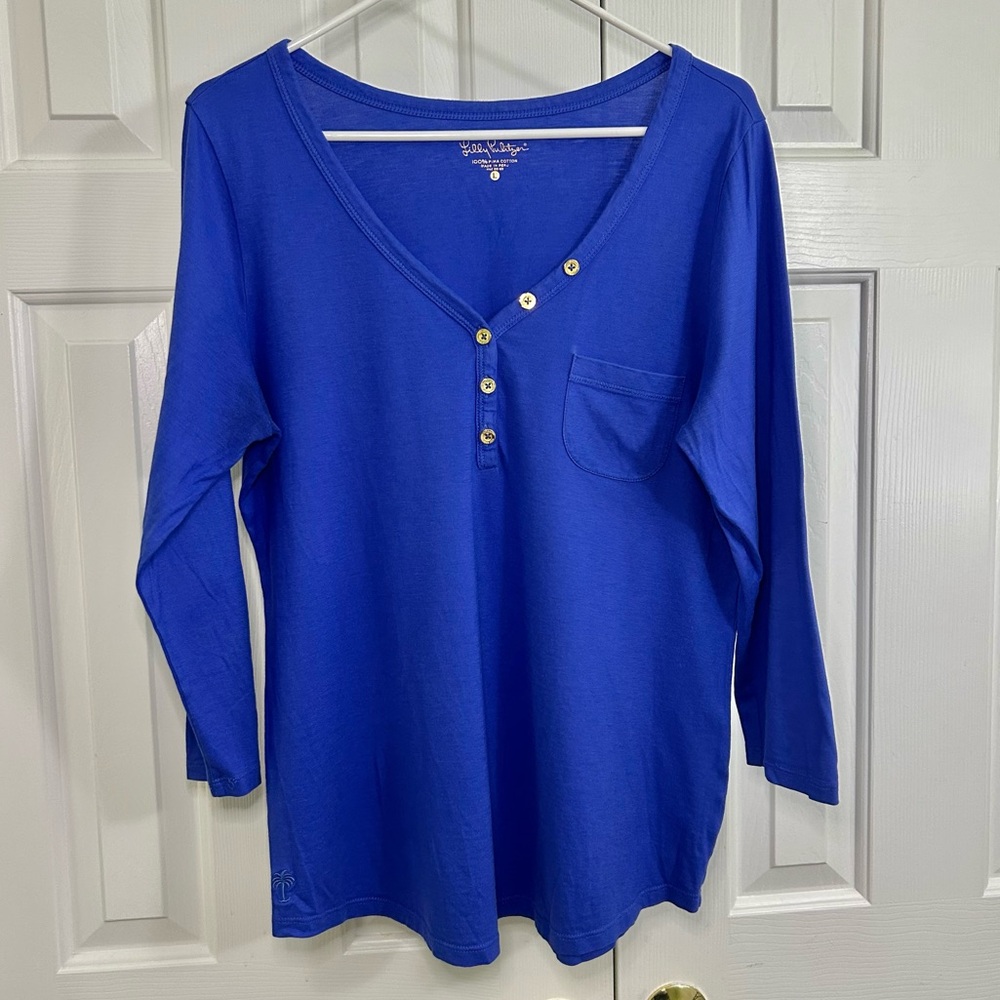 Lilly Pulitzer Cobalt Blue Long Sleeve Top w/ Gold Buttons Size Large